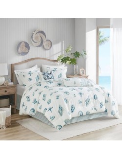Cozy Cotton Comforter Set - Coastal, All Season Down Alternative Casual Bedding with Matching Shams, Decorative Pillows, Beach House, Reversible Seashell Blue King(108x96) 4 Piece