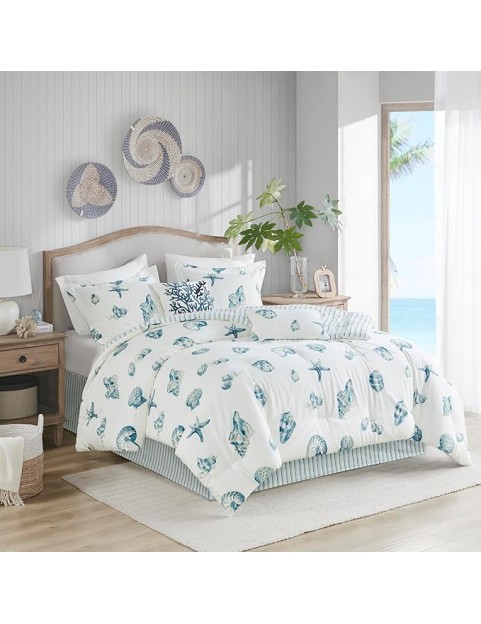 Cozy Cotton Comforter Set - Coastal, All Season Down Alternative Casual Bedding with Matching Shams, Decorative Pillows, Beach House, Reversible Seashell Blue King(108x96) 4 Piece