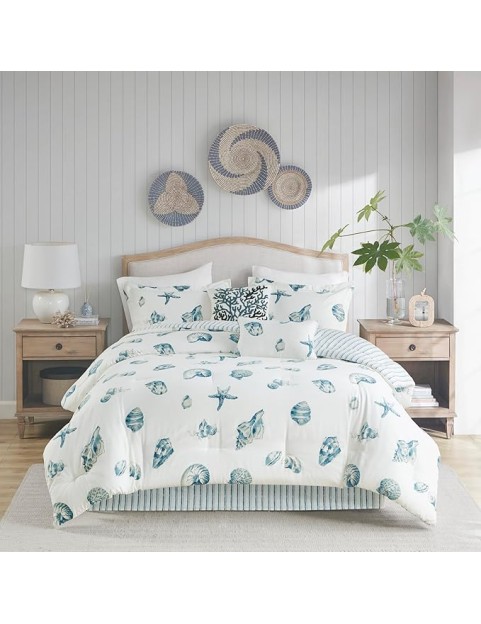Cozy Cotton Comforter Set - Coastal, All Season Down Alternative Casual Bedding with Matching Shams, Decorative Pillows, Beach House, Reversible Seashell Blue King(108x96) 4 Piece