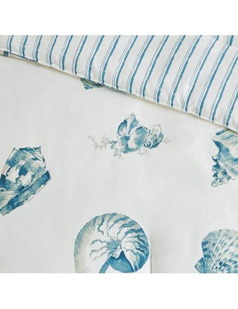 Cozy Cotton Comforter Set - Coastal, All Season Down Alternative Casual Bedding with Matching Shams, Decorative Pillows, Beach House, Reversible Seashell Blue King(108x96) 4 Piece