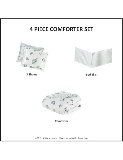 Cozy Cotton Comforter Set - Coastal, All Season Down Alternative Casual Bedding with Matching Shams, Decorative Pillows, Beach House, Reversible Seashell Blue King(108x96) 4 Piece
