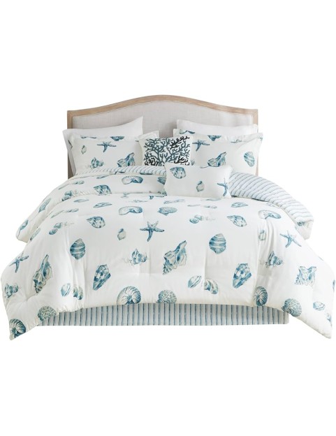 Cozy Cotton Comforter Set - Coastal, All Season Down Alternative Casual Bedding with Matching Shams, Decorative Pillows, Beach House, Reversible Seashell Blue King(108x96) 4 Piece