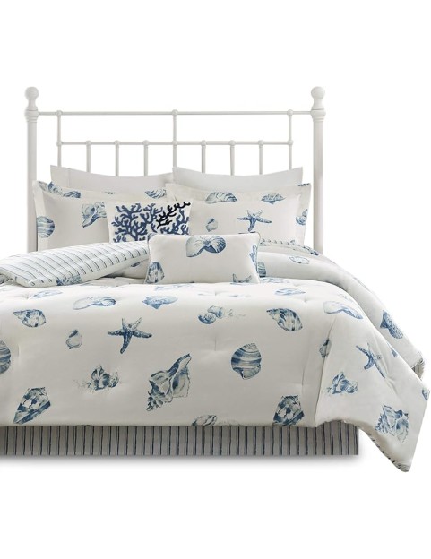 Cozy Cotton Comforter Set - Coastal, All Season Down Alternative Casual Bedding with Matching Shams, Decorative Pillows, Beach House, Reversible Seashell Blue King(108x96) 4 Piece