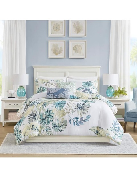 100% Cotton Duvet Cover, Coastal, Beach Cottage Design, All Season, Breathable Comforter Cover Tropical Bedding, Matching Shams, Lorelai Monstera Leaf Green Full/Queen (90"x90") 5 Piece