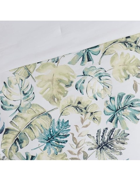 100% Cotton Duvet Cover, Coastal, Beach Cottage Design, All Season, Breathable Comforter Cover Tropical Bedding, Matching Shams, Lorelai Monstera Leaf Green Full/Queen (90"x90") 5 Piece