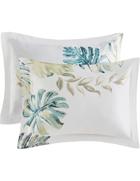 100% Cotton Duvet Cover, Coastal, Beach Cottage Design, All Season, Breathable Comforter Cover Tropical Bedding, Matching Shams, Lorelai Monstera Leaf Green Full/Queen (90"x90") 5 Piece