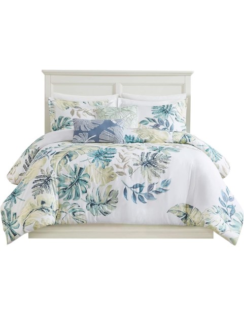100% Cotton Duvet Cover, Coastal, Beach Cottage Design, All Season, Breathable Comforter Cover Tropical Bedding, Matching Shams, Lorelai Monstera Leaf Green Full/Queen (90"x90") 5 Piece