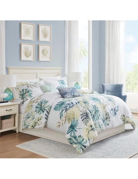 100% Cotton Duvet Cover, Coastal, Beach Cottage Design, All Season, Breathable Comforter Cover Tropical Bedding, Matching Shams, Lorelai Monstera Leaf Green Full/Queen (90"x90") 5 Piece