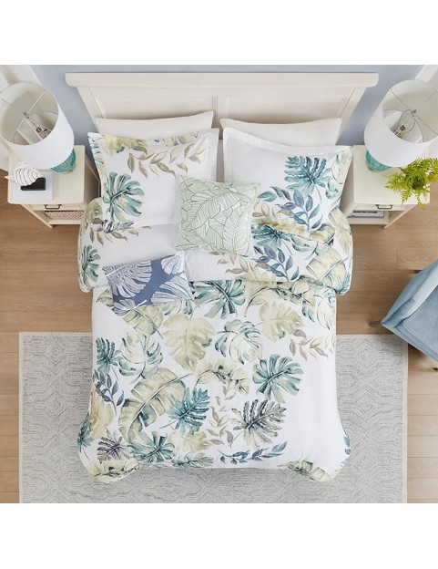 100% Cotton Duvet Cover, Coastal, Beach Cottage Design, All Season, Breathable Comforter Cover Tropical Bedding, Matching Shams, Lorelai Monstera Leaf Green Full/Queen (90"x90") 5 Piece