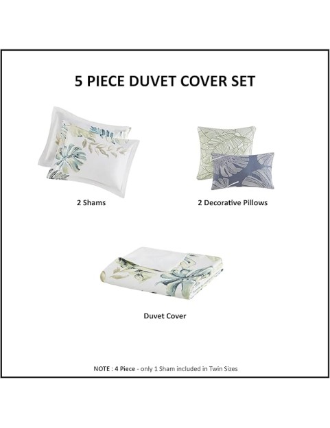 100% Cotton Duvet Cover, Coastal, Beach Cottage Design, All Season, Breathable Comforter Cover Tropical Bedding, Matching Shams, Lorelai Monstera Leaf Green Full/Queen (90"x90") 5 Piece