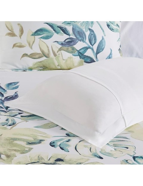 100% Cotton Duvet Cover, Coastal, Beach Cottage Design, All Season, Breathable Comforter Cover Tropical Bedding, Matching Shams, Lorelai Monstera Leaf Green Full/Queen (90"x90") 5 Piece