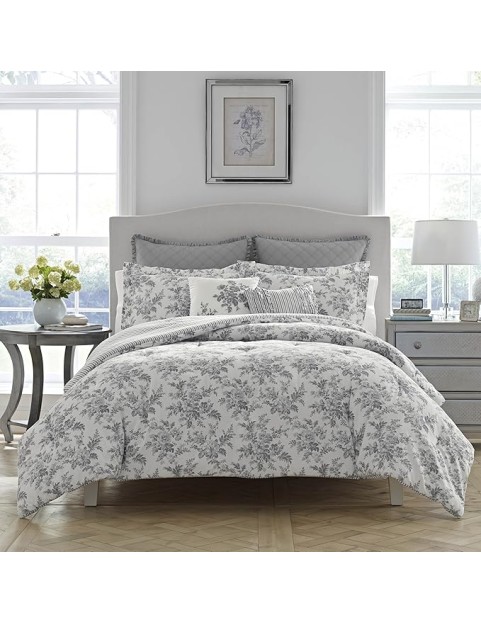 Home - King Comforter Set, Reversible Cotton Bedding, Includes Matching Shams with Bonus Euro Shams &amp; Throw Pillows (Annalise Grey, King)