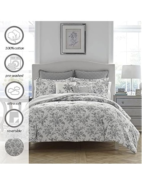 Home - King Comforter Set, Reversible Cotton Bedding, Includes Matching Shams with Bonus Euro Shams &amp; Throw Pillows (Annalise Grey, King)