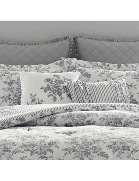 Home - King Comforter Set, Reversible Cotton Bedding, Includes Matching Shams with Bonus Euro Shams &amp; Throw Pillows (Annalise Grey, King)