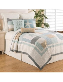 Driftwood Shores Full/Queen Bed 3 Piece Quilt Set Summer Beach Bedding Ocean Themed Coastal Reversible Machine Washable Lightweight Pieced And Embroidered Bedspread Coverlet Bedding Comforter