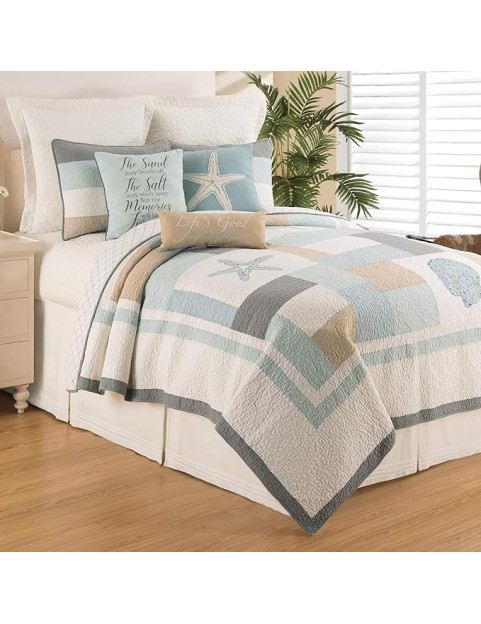 Driftwood Shores Full/Queen Bed 3 Piece Quilt Set Summer Beach Bedding Ocean Themed Coastal Reversible Machine Washable Lightweight Pieced And Embroidered Bedspread Coverlet Bedding Comforter