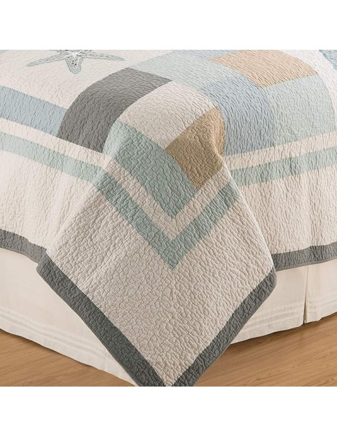 Driftwood Shores Full/Queen Bed 3 Piece Quilt Set Summer Beach Bedding Ocean Themed Coastal Reversible Machine Washable Lightweight Pieced And Embroidered Bedspread Coverlet Bedding Comforter