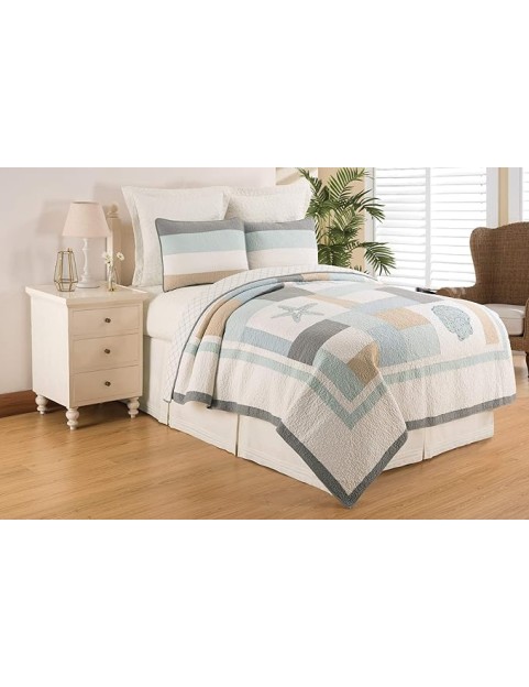 Driftwood Shores Full/Queen Bed 3 Piece Quilt Set Summer Beach Bedding Ocean Themed Coastal Reversible Machine Washable Lightweight Pieced And Embroidered Bedspread Coverlet Bedding Comforter