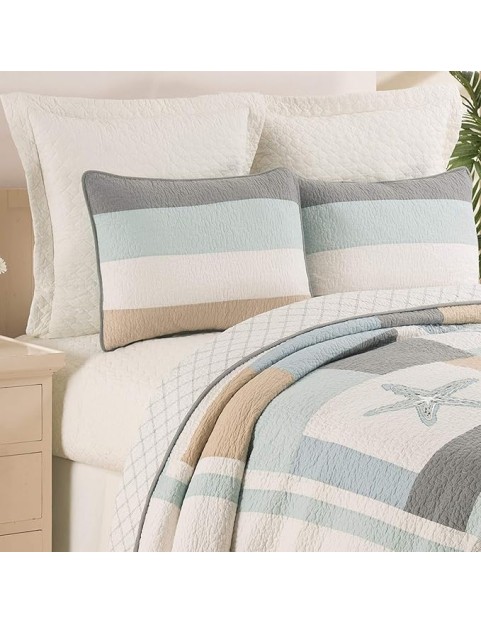 Driftwood Shores Full/Queen Bed 3 Piece Quilt Set Summer Beach Bedding Ocean Themed Coastal Reversible Machine Washable Lightweight Pieced And Embroidered Bedspread Coverlet Bedding Comforter