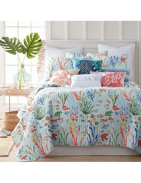 Sancti Petri Quilt Set - King/Cal King Quilt + Two King Pillow Shams - Coastal - Yellow Blue Green Coral - Quilt Size (106x92in.) and Pillow Sham Size (36x20in.) - Reversible - Cotton