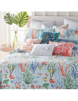 Sancti Petri Quilt Set - King/Cal King Quilt + Two King Pillow Shams - Coastal - Yellow Blue Green Coral - Quilt Size (106x92in.) and Pillow Sham Size (36x20in.) - Reversible - Cotton