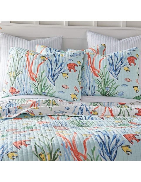 Sancti Petri Quilt Set - King/Cal King Quilt + Two King Pillow Shams - Coastal - Yellow Blue Green Coral - Quilt Size (106x92in.) and Pillow Sham Size (36x20in.) - Reversible - Cotton