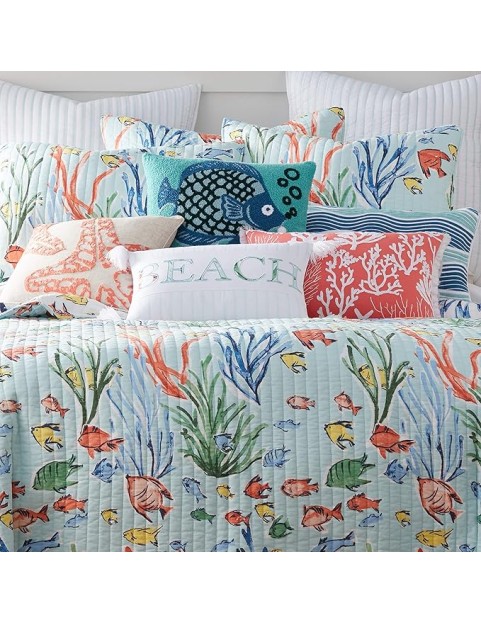 Sancti Petri Quilt Set - King/Cal King Quilt + Two King Pillow Shams - Coastal - Yellow Blue Green Coral - Quilt Size (106x92in.) and Pillow Sham Size (36x20in.) - Reversible - Cotton