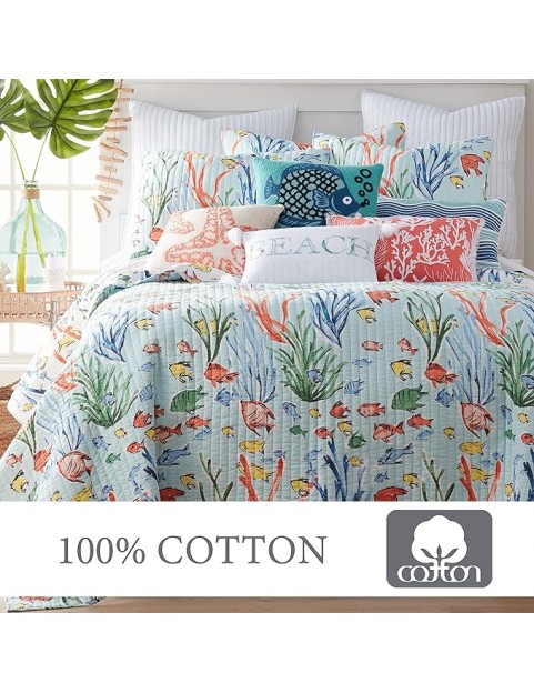 Sancti Petri Quilt Set - King/Cal King Quilt + Two King Pillow Shams - Coastal - Yellow Blue Green Coral - Quilt Size (106x92in.) and Pillow Sham Size (36x20in.) - Reversible - Cotton