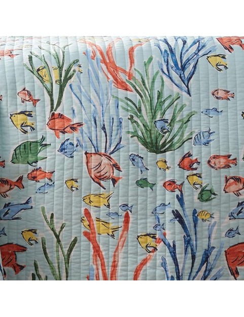 Sancti Petri Quilt Set - King/Cal King Quilt + Two King Pillow Shams - Coastal - Yellow Blue Green Coral - Quilt Size (106x92in.) and Pillow Sham Size (36x20in.) - Reversible - Cotton