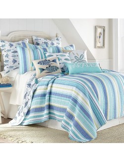 Laida Beach Bedding Set - 3Piece, Blue, Cotton, King Quilt & 2 Shams, Reversible, Coastal Stripe, Tropical Fish
