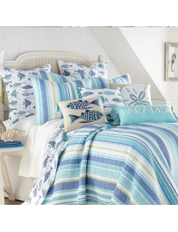Laida Beach Bedding Set - 3Piece, Blue, Cotton, King Quilt & 2 Shams, Reversible, Coastal Stripe, Tropical Fish