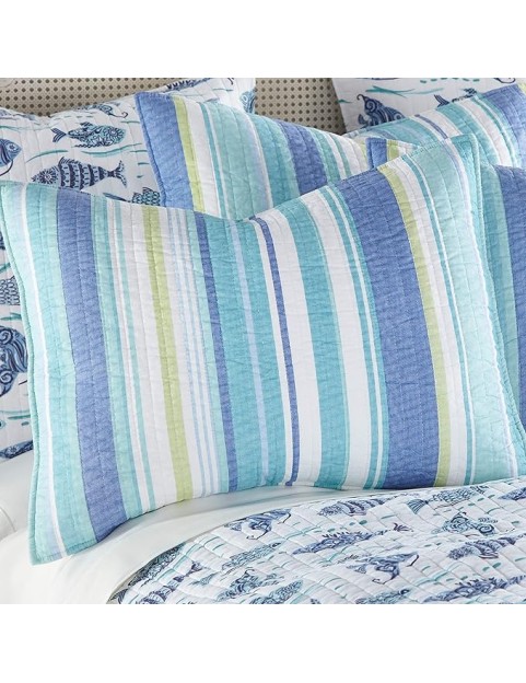 Laida Beach Bedding Set - 3Piece, Blue, Cotton, King Quilt & 2 Shams, Reversible, Coastal Stripe, Tropical Fish