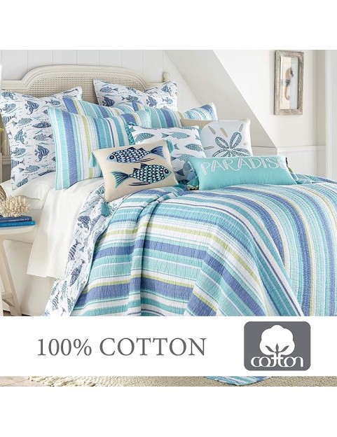 Laida Beach Bedding Set - 3Piece, Blue, Cotton, King Quilt & 2 Shams, Reversible, Coastal Stripe, Tropical Fish