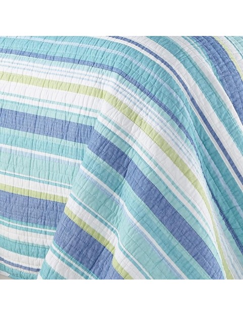 Laida Beach Bedding Set - 3Piece, Blue, Cotton, King Quilt & 2 Shams, Reversible, Coastal Stripe, Tropical Fish