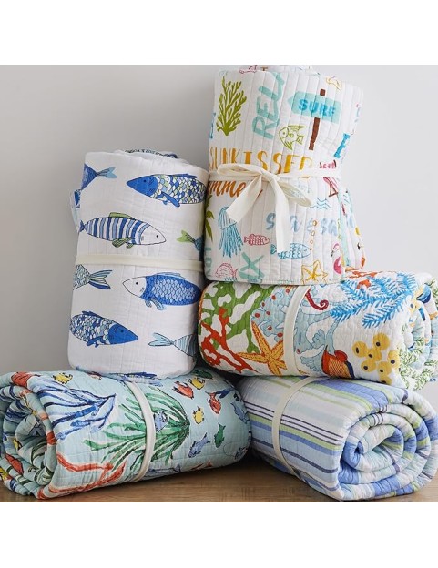 Laida Beach Bedding Set - 3Piece, Blue, Cotton, King Quilt & 2 Shams, Reversible, Coastal Stripe, Tropical Fish