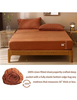 100% Organic French Linen Sheets Set Queen Size,Natural Flax from Normandy Bedding Set with Stone Washed 4 Pieces,Ultra Soft Breathable(Caramel)