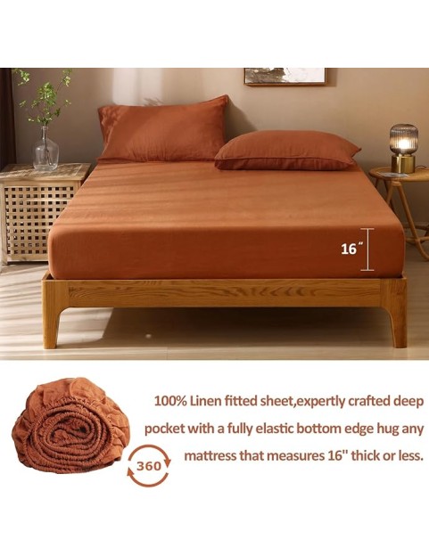 100% Organic French Linen Sheets Set Queen Size,Natural Flax from Normandy Bedding Set with Stone Washed 4 Pieces,Ultra Soft Breathable(Caramel)