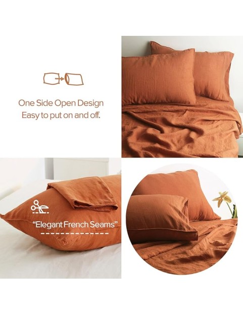 100% Organic French Linen Sheets Set Queen Size,Natural Flax from Normandy Bedding Set with Stone Washed 4 Pieces,Ultra Soft Breathable(Caramel)