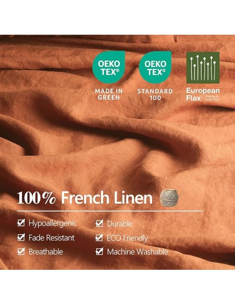 100% Organic French Linen Sheets Set Queen Size,Natural Flax from Normandy Bedding Set with Stone Washed 4 Pieces,Ultra Soft Breathable(Caramel)