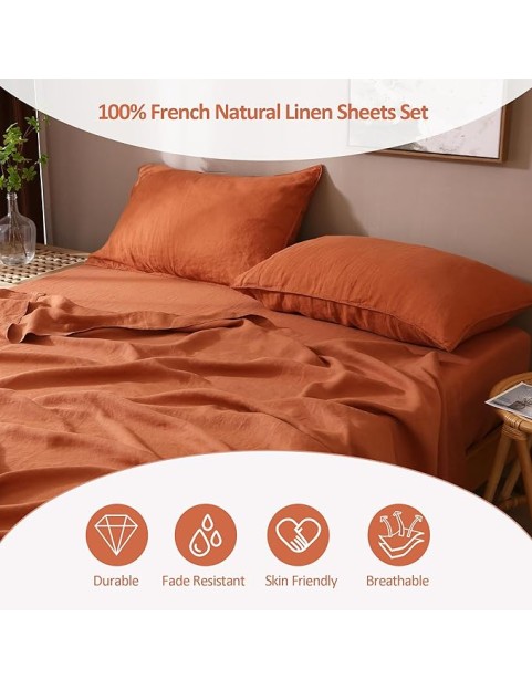 100% Organic French Linen Sheets Set Queen Size,Natural Flax from Normandy Bedding Set with Stone Washed 4 Pieces,Ultra Soft Breathable(Caramel)
