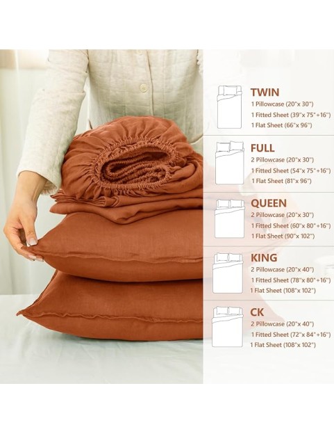 100% Organic French Linen Sheets Set Queen Size,Natural Flax from Normandy Bedding Set with Stone Washed 4 Pieces,Ultra Soft Breathable(Caramel)