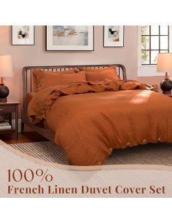 100% Organic Linen Duvet Cover Set,French Linen Bedding Set with Stone Washed 3pcs,1 Comforter Cover and 2 Pillowcase(Caramel,Full) Soft,Breathable