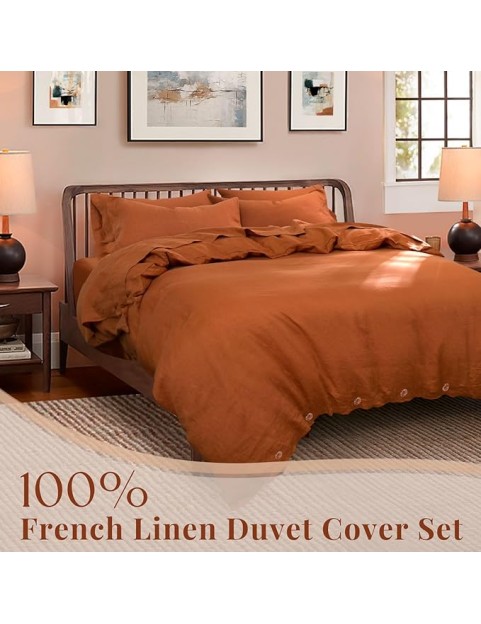 100% Organic Linen Duvet Cover Set,French Linen Bedding Set with Stone Washed 3pcs,1 Comforter Cover and 2 Pillowcase(Caramel,Full) Soft,Breathable