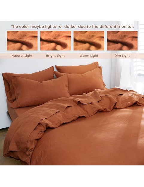 100% Organic Linen Duvet Cover Set,French Linen Bedding Set with Stone Washed 3pcs,1 Comforter Cover and 2 Pillowcase(Caramel,Full) Soft,Breathable