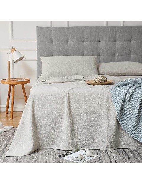 Linen Sheets King Size 100% French Natural Flax with Stone Washed 16 Inch Deep Ultra Breathable (1 Flat, 1 Fitted Sheet and 2 Pillowcases Natural Linen King)