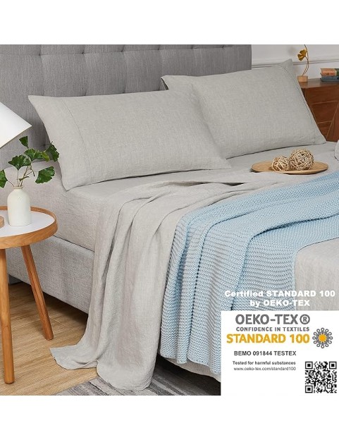 Linen Sheets King Size 100% French Natural Flax with Stone Washed 16 Inch Deep Ultra Breathable (1 Flat, 1 Fitted Sheet and 2 Pillowcases Natural Linen King)