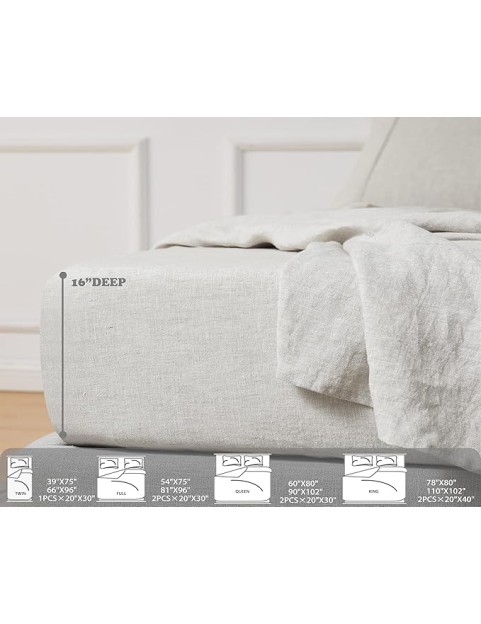 Linen Sheets King Size 100% French Natural Flax with Stone Washed 16 Inch Deep Ultra Breathable (1 Flat, 1 Fitted Sheet and 2 Pillowcases Natural Linen King)