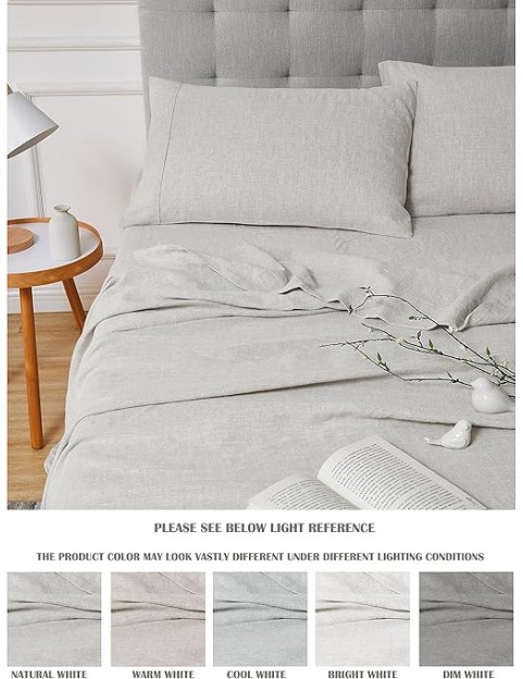 Linen Sheets King Size 100% French Natural Flax with Stone Washed 16 Inch Deep Ultra Breathable (1 Flat, 1 Fitted Sheet and 2 Pillowcases Natural Linen King)