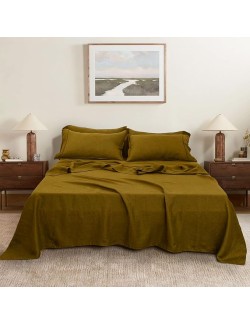 Pure Linen Sheets Set,GOTS Certified Stone Washed Natural French Flax King Size 4pcs Boho Bedding Set(2 Pillowcases,1 Fitted Sheet,1 Flat Sheet) Soft Cozy-Ecru Olive