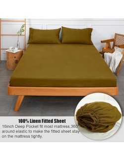 Pure Linen Sheets Set,GOTS Certified Stone Washed Natural French Flax King Size 4pcs Boho Bedding Set(2 Pillowcases,1 Fitted Sheet,1 Flat Sheet) Soft Cozy-Ecru Olive